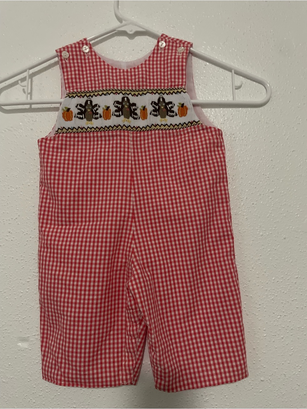 Red Gingham Smocked Kids Overalls with Pumpkin Embroidery